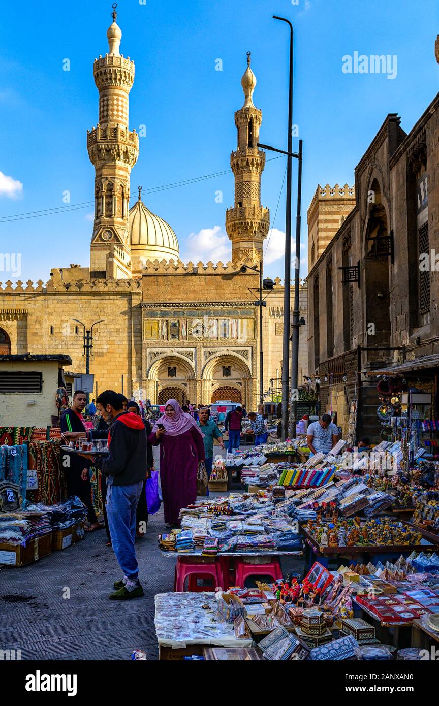 The Al Azhar Mosque and the Muhammad Bek Abu El Dahab Complex in the old Azhar District of Cairo Stock Photo
