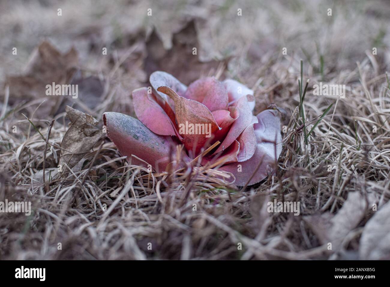 Closeup of an old dirty fake flower at an old dilapidated looking graveyard on a gray gloomy day