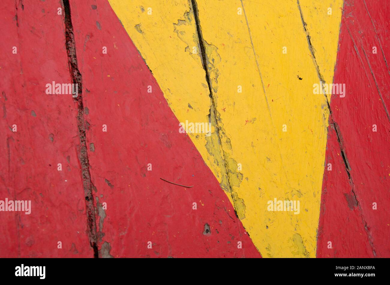 Design in red and yellow on wooden boards, detail of a Trajinera in Xochimilco, Mexico Stock Photo