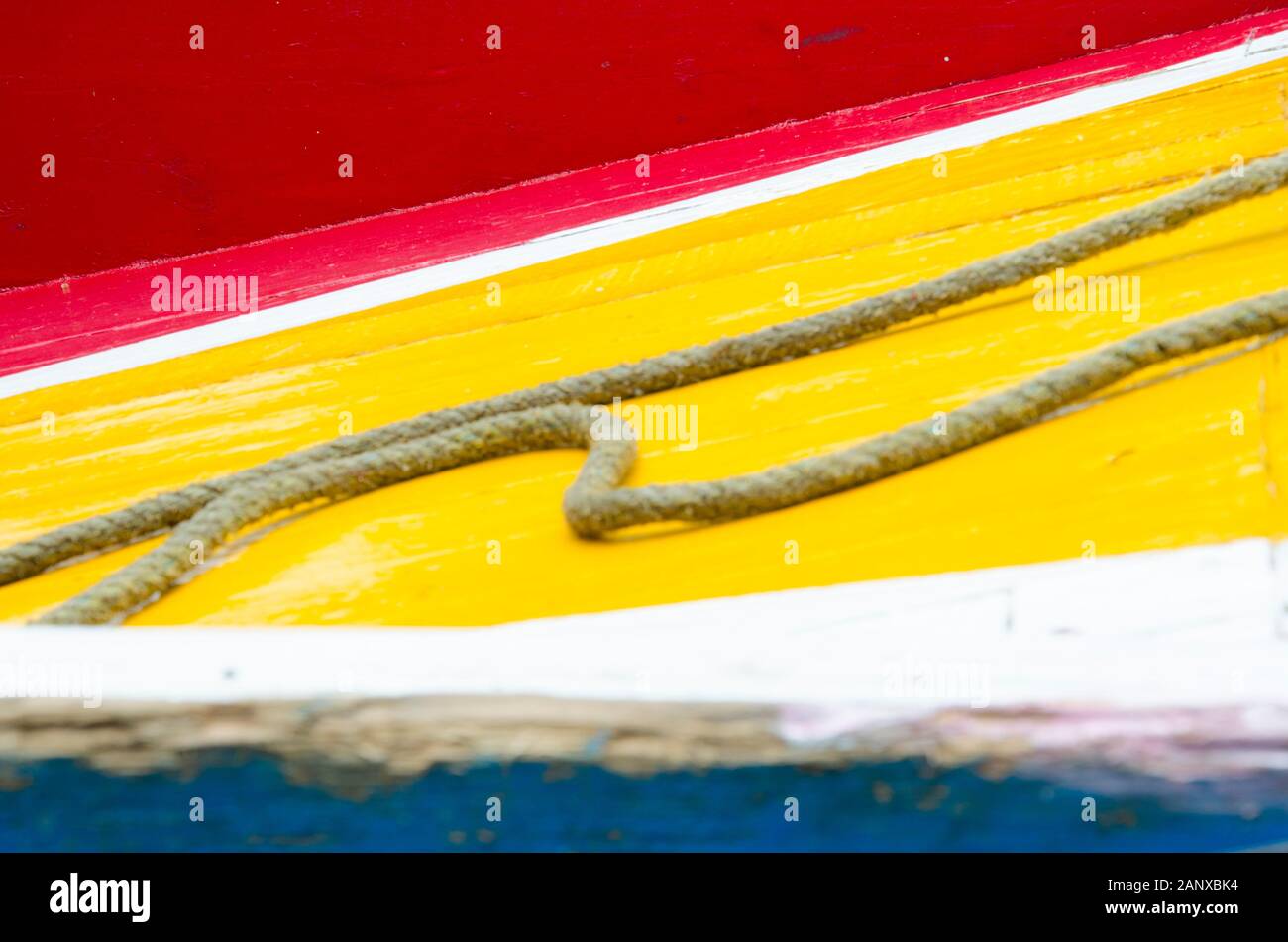 Colorful detail of a Trajinera boat in Xochimilco, Mexico, yellow, red, white and blue Stock Photo
