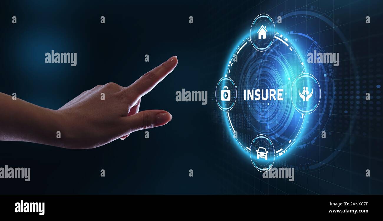 Insurance concept.  Client click on insure button. Insurance icons: car, travel, family and life insurance, financial and health. Stock Photo
