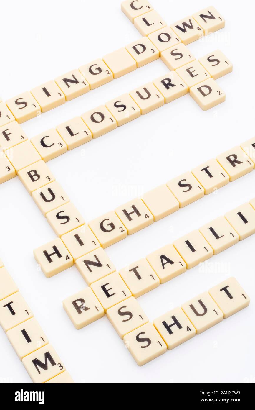 Concept of UK high street crisis / retail crisis in letter tiles / words. Closing down, shop closures, out of business, shops shut, retail closures. Stock Photo