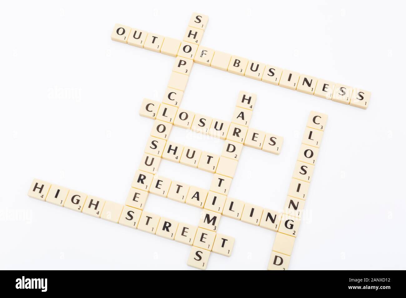 Concept of UK high street crisis / retail crisis in letter tiles / words. Closing down, shop closures, out of business, shops shut, retail closures. Stock Photo