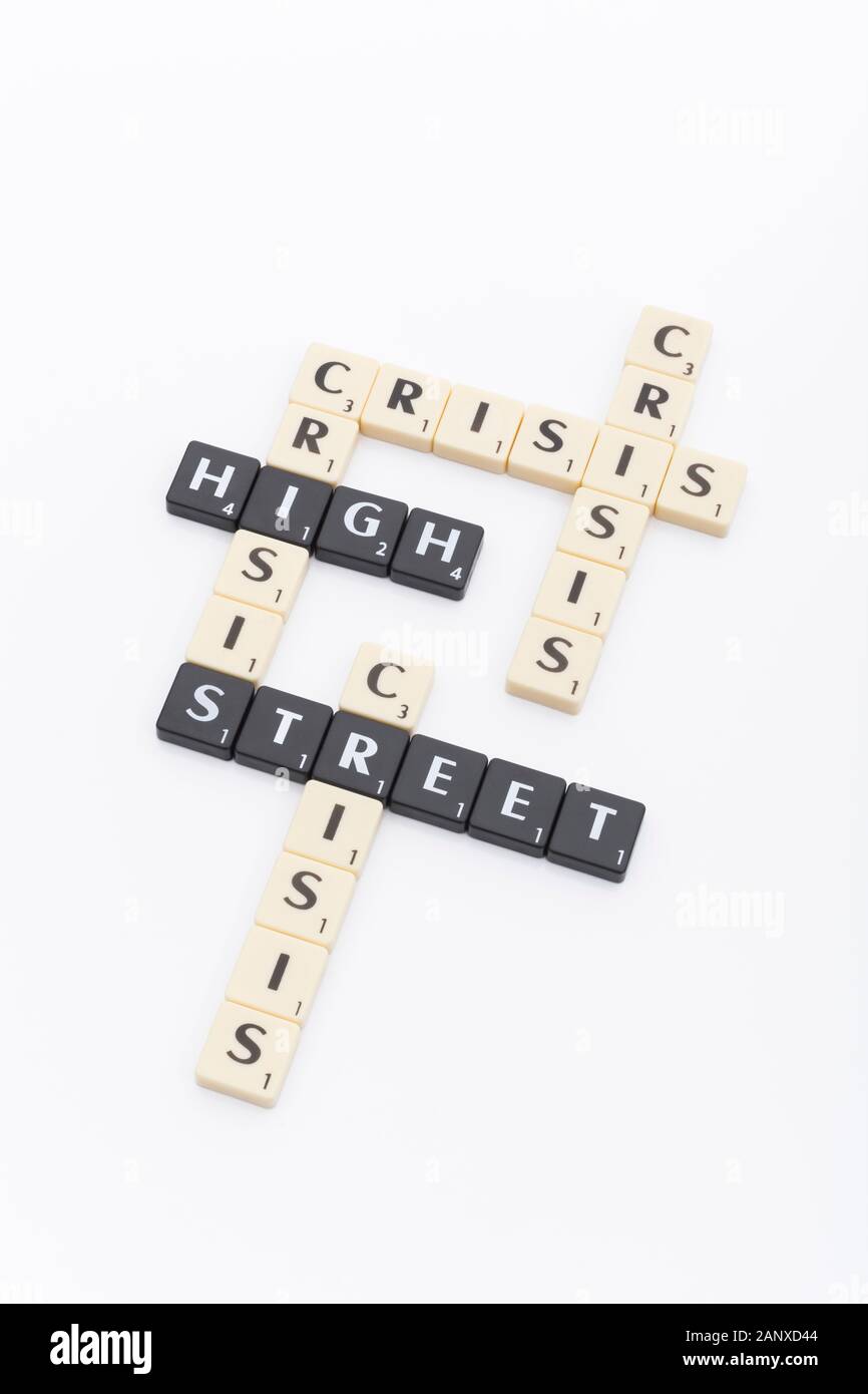 Concept of UK high street crisis / retail crisis in letter tiles / words. Closing down, shop closures, out of business, shops shut, retail closures. Stock Photo