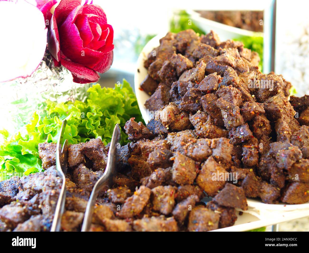 pan liver(flaked liver).  'Edirne / Turkey' is a regional dish. Beef is made from liver. It is cut in flaked form. mixed with flour. cooked in pan. op Stock Photo