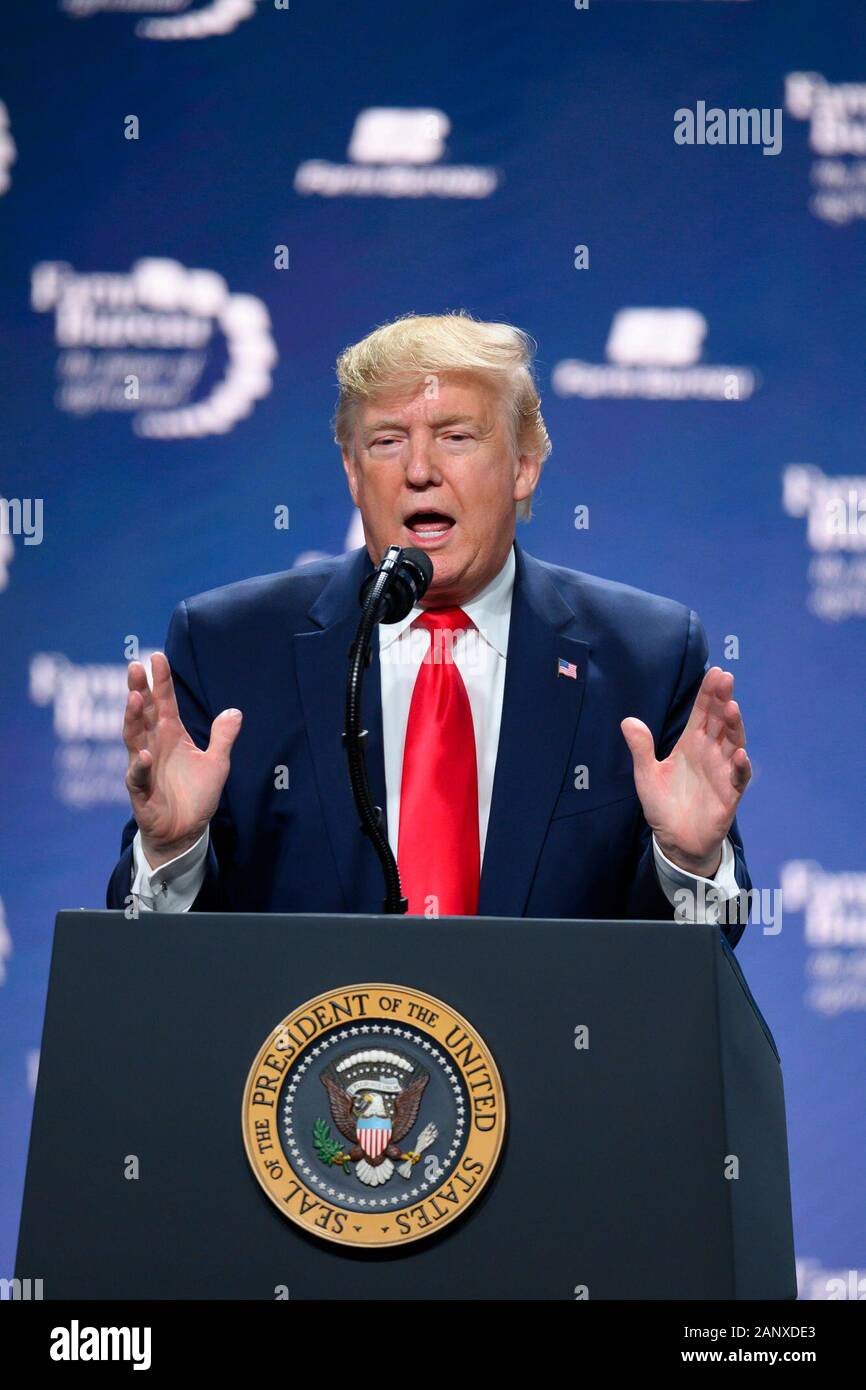United States President Donald J. Trump delivers an address before 5,000 attendees at the annual American Farm Bureau Federation convention in Austin, Texas, USA Stock Photo