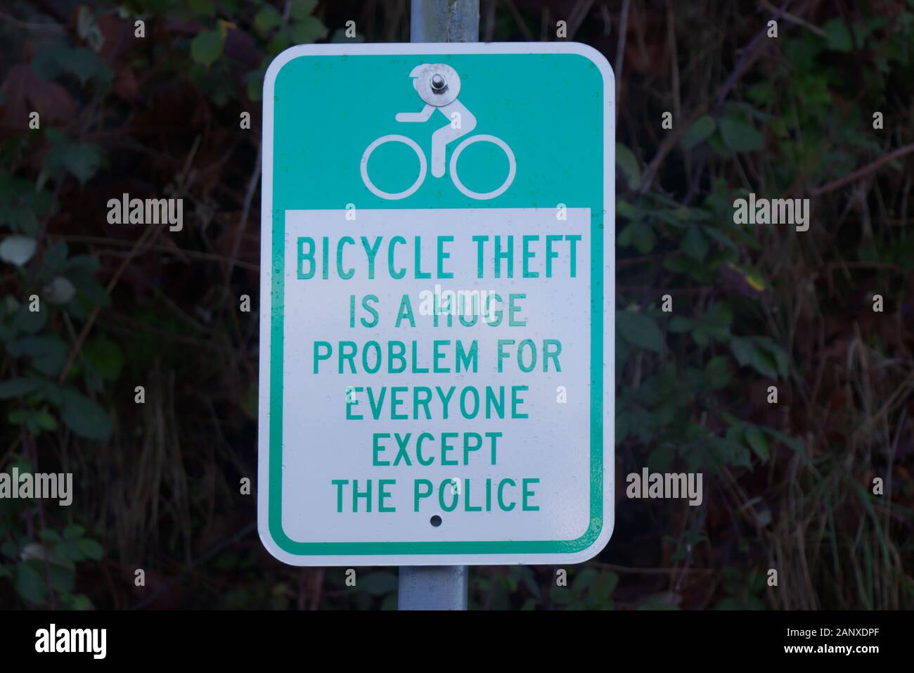 A View of green road sign with bushes in the backgroung in Vancouver. 'Bicycle theft is a huge Problem for everyone except the police'. Stock Photo