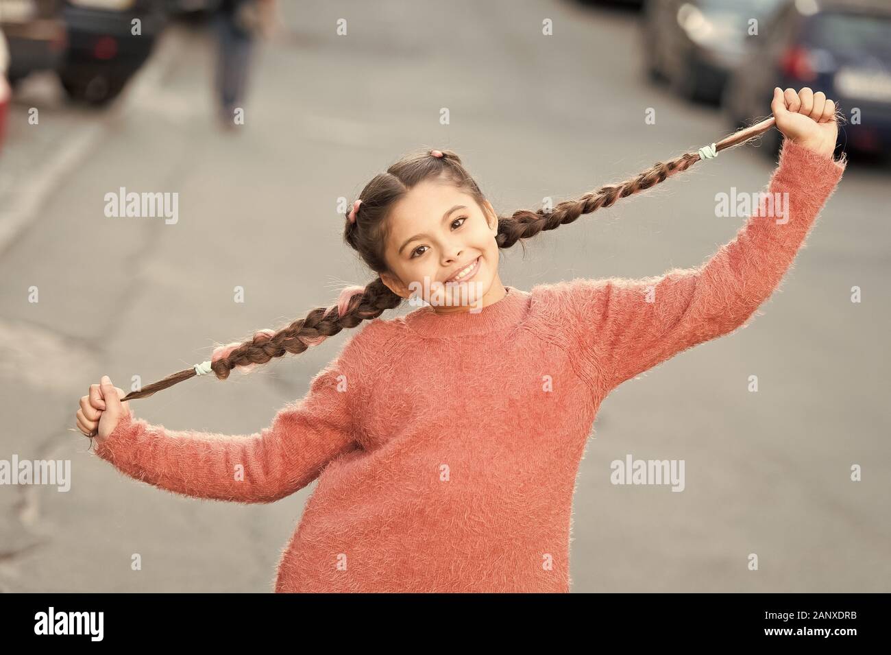 Child Smile On Cute Face Outdoors Little Happy Girl Braided