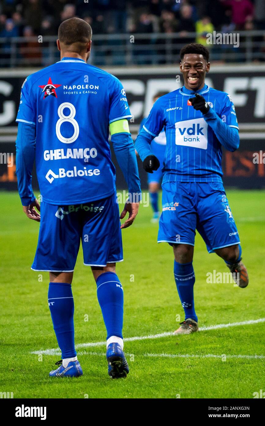 Gent Belgium 19th Jan Kaa Gent Player Jonathan David Celebrates After Score A Goal With Vadis Odjidja Ofoe Author Of The Assist During The Soccer Match Between Kaa Gent And Royal Excel