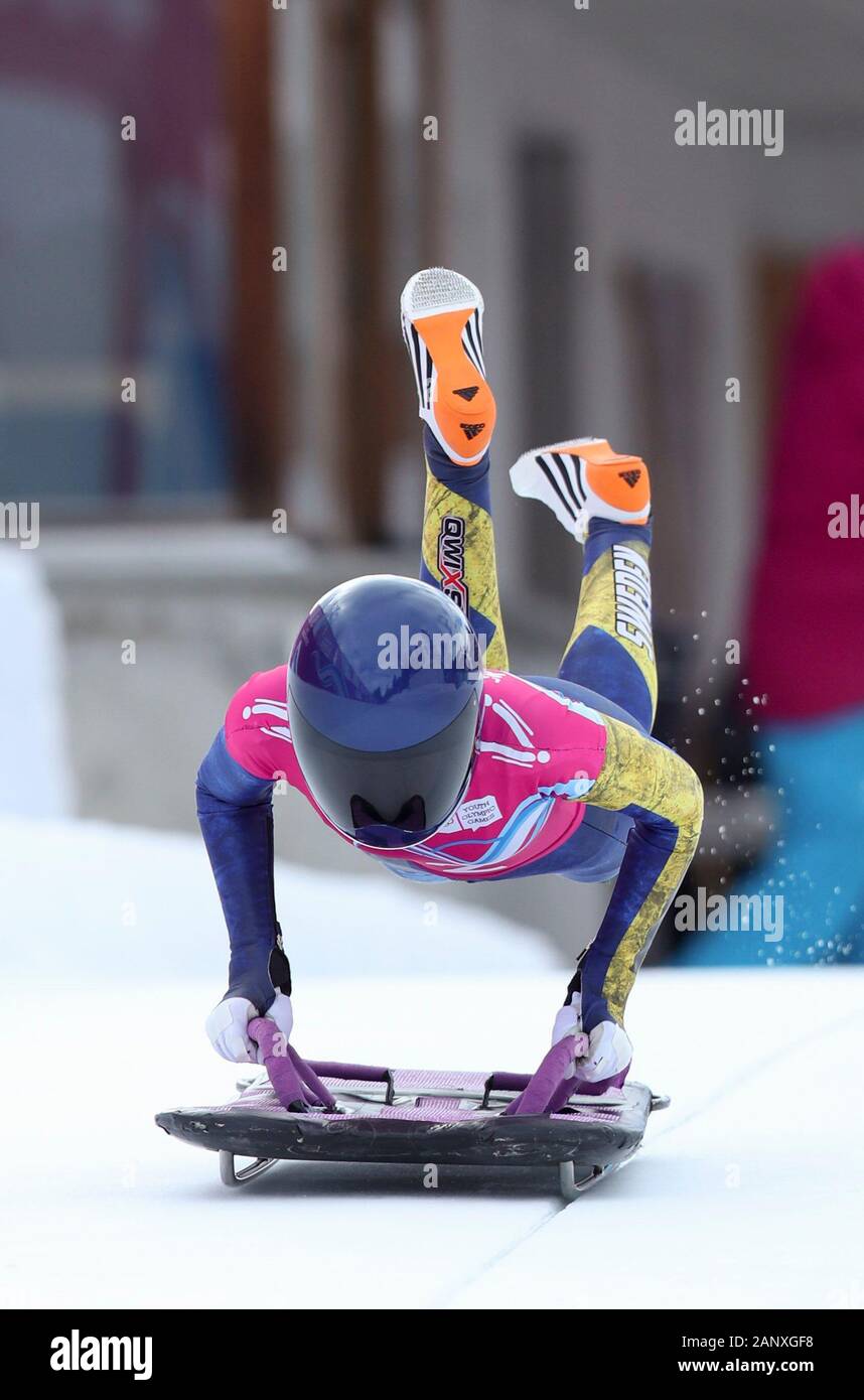 St. Moritz, Switzerland. 19th Jan, 2020. Paulina Ewald Grondal of Sweden competes during the women's skeleton heat 1 at the 3rd Winter Youth Olympic Games in St. Moritz, Switzerland, Jan. 19, 2020. Credit: Cheng Tingting/Xinhua/Alamy Live News Stock Photo