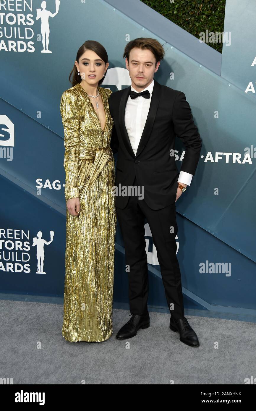 Los Angeles, California, USA. 19th Jan 2020. Charlie Heaton and Natalia Dyer arrives for the 26th Annual Screen Actors Guild Awards at The Shrine Auditorium on January 19, 2020 in Los Angeles, California. (Photo by Sthanlee B. Mirador/Sipa USA) Credit: Sipa USA/Alamy Live News Stock Photo