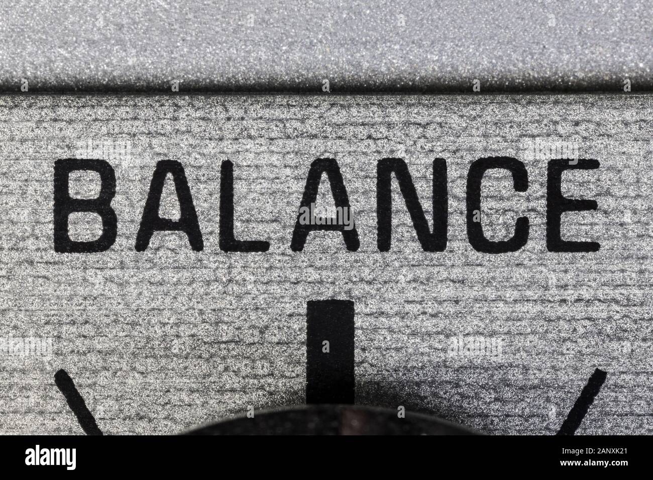 Close up macro photograph of balance control dial on vintage boombox stereo. Stock Photo