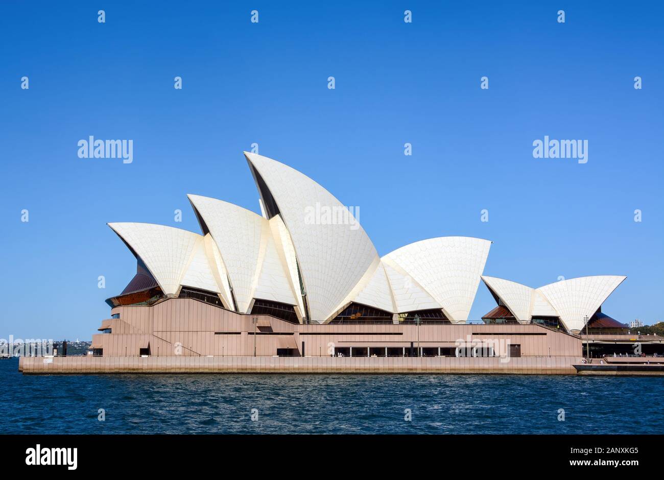 SYDNEY, AUSTRALIA - MARCH 18, 2018 - Brilliant architectural design of the iconic Sydney Opera House sails seen from a clean, straight side view Stock Photo