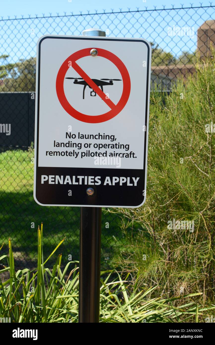 No drones sign in Australia prohibiting launching, landing, or operating remotely piloted aircraft Stock Photo