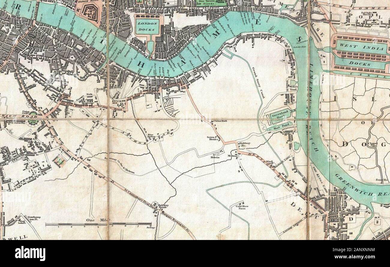 Grand Surrey Canal on Mogg Pocket or Case Map of London, 1806 Stock Photo