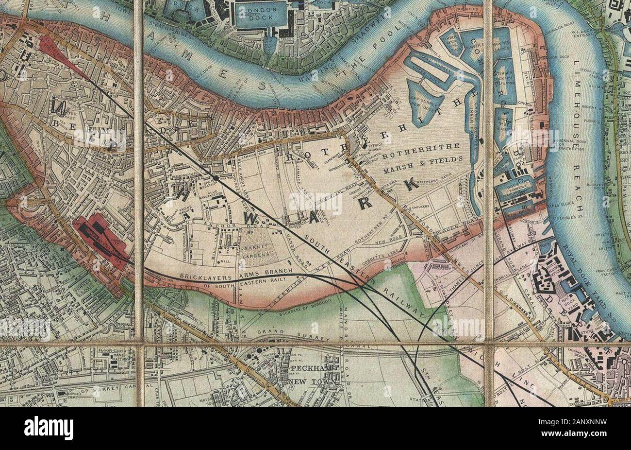 Grand Surrey Canal on Davies Pocket Map of London, 1852 Stock Photo