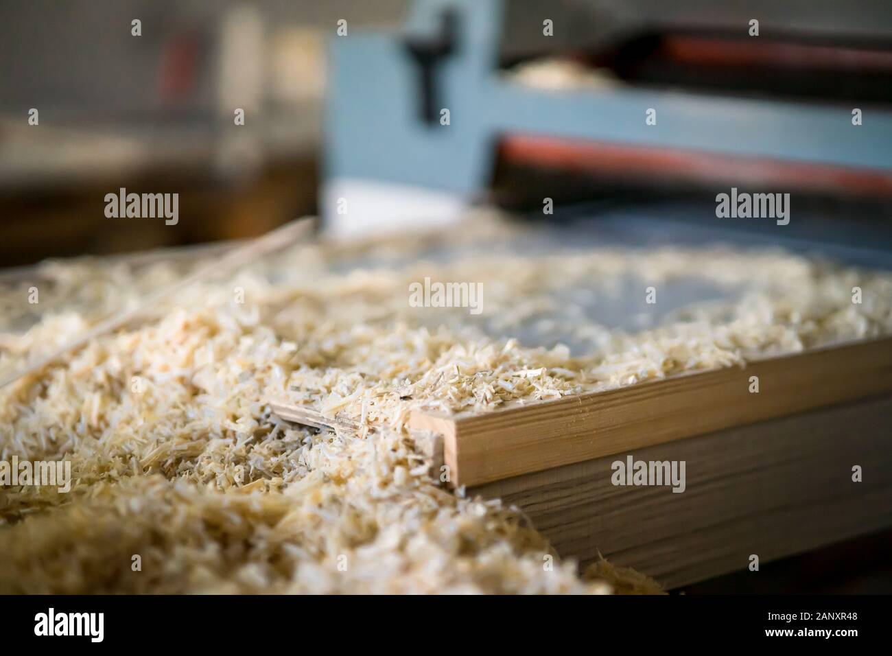 wood saw dust pile at a woodworking Stock Photo Alamy