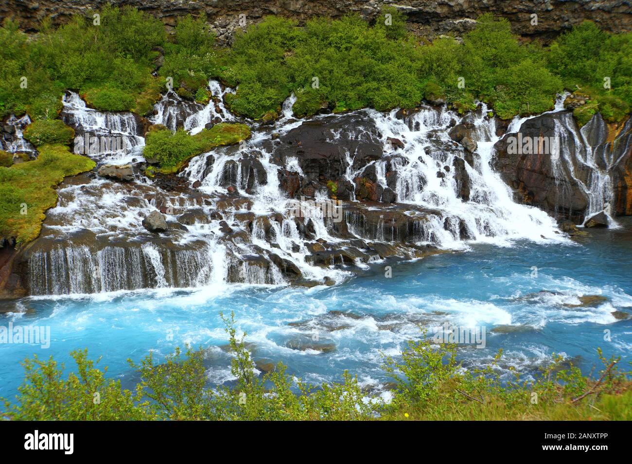 Beautiful blue waterfalls of Barnafoss in Western Iceland Stock Photo