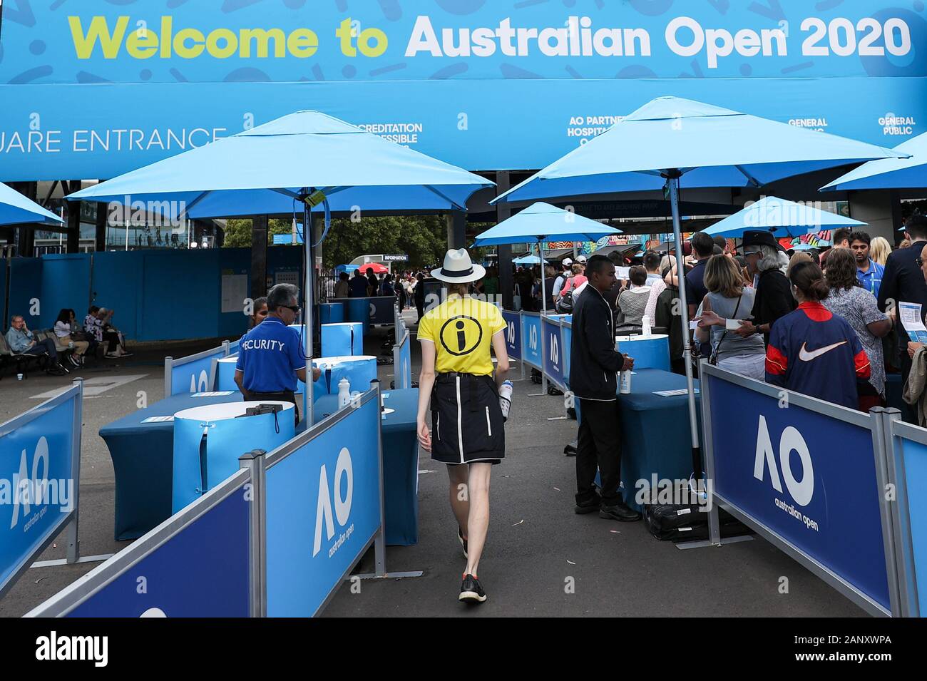 Melbourne, Australia. 20th Jan, 2020. A staff memeber walks through the entrance of the Melbourne Park, Melbourne, Australia, Jan. 20, 2020. Australian Open tennis championship 2020 kicked off here on Monday. Credit: Bai Xuefei/Xinhua/Alamy Live News Stock Photo