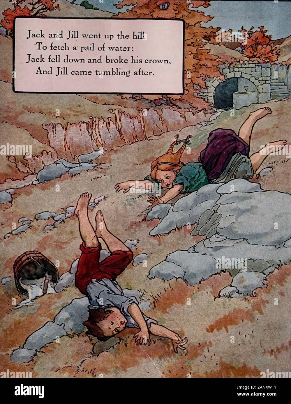 Jack and Jill went up a hill to fetch a pail of water. Jack fell down and broke his crown, and Jill came tumbling after - Vintage illustration of a Nursery Rhyme Stock Photo