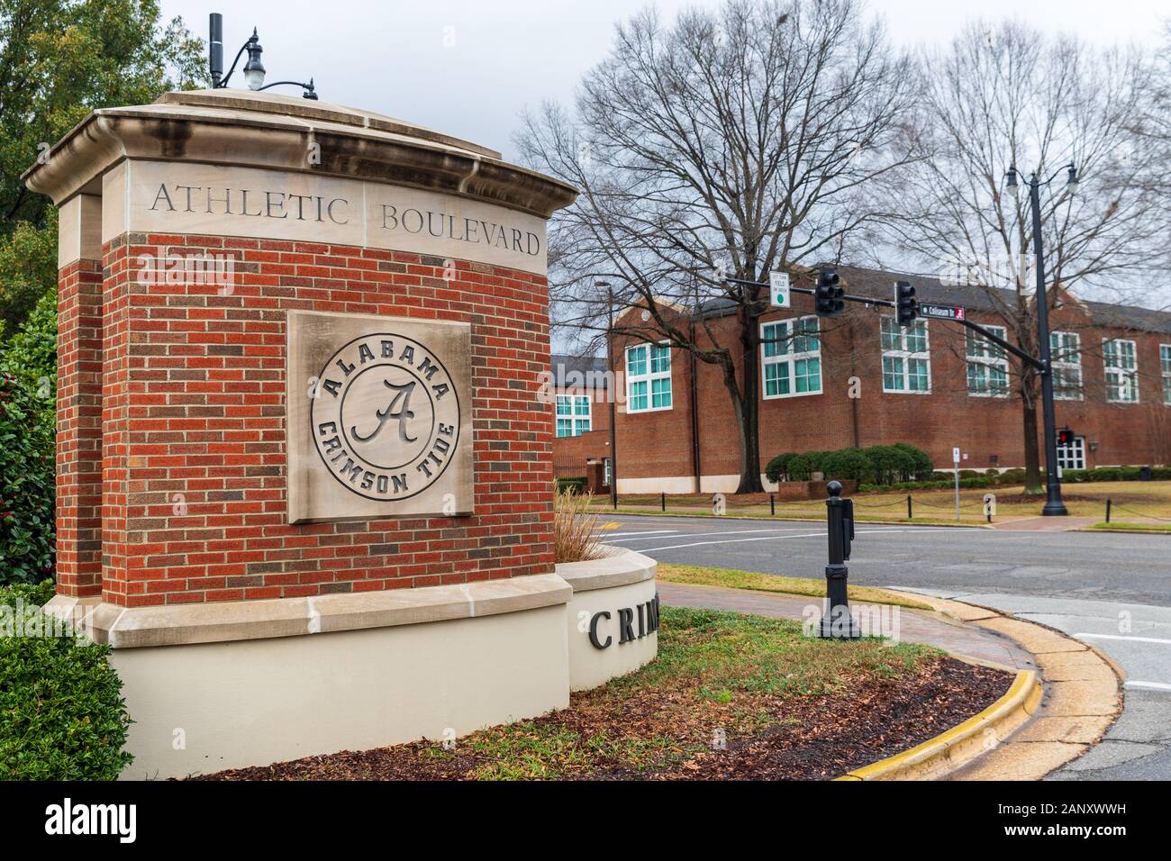 Tuscaloosa, AL / USA - December 29, 2019: Mal M. Moore Athletic Boulevard Entrance sign on the Campus of the University of Alabama Stock Photo