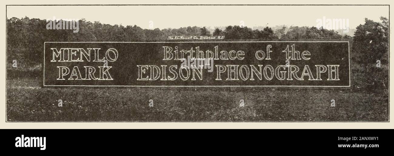 Old sign for Menlo Park - Birthplace of the Edison Phonograph - 1909 Stock Photo