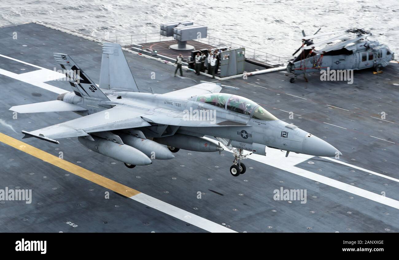 Atlantic Ocean Jan 19 An F A 18f Super Hornet Assigned To The Salty Dogs Of Test And Evaluation Te Squadron Vx 23 Lands On Uss Gerald R Ford S Cvn 78 Flight Deck