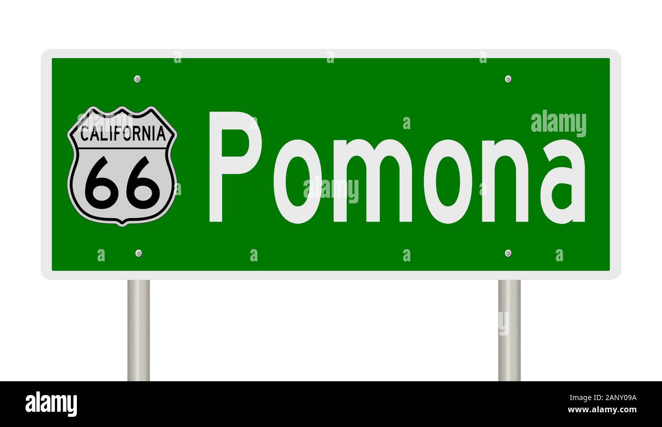 Rendering of a green 3d highway sign for Pomona California on Route 66 Stock Photo