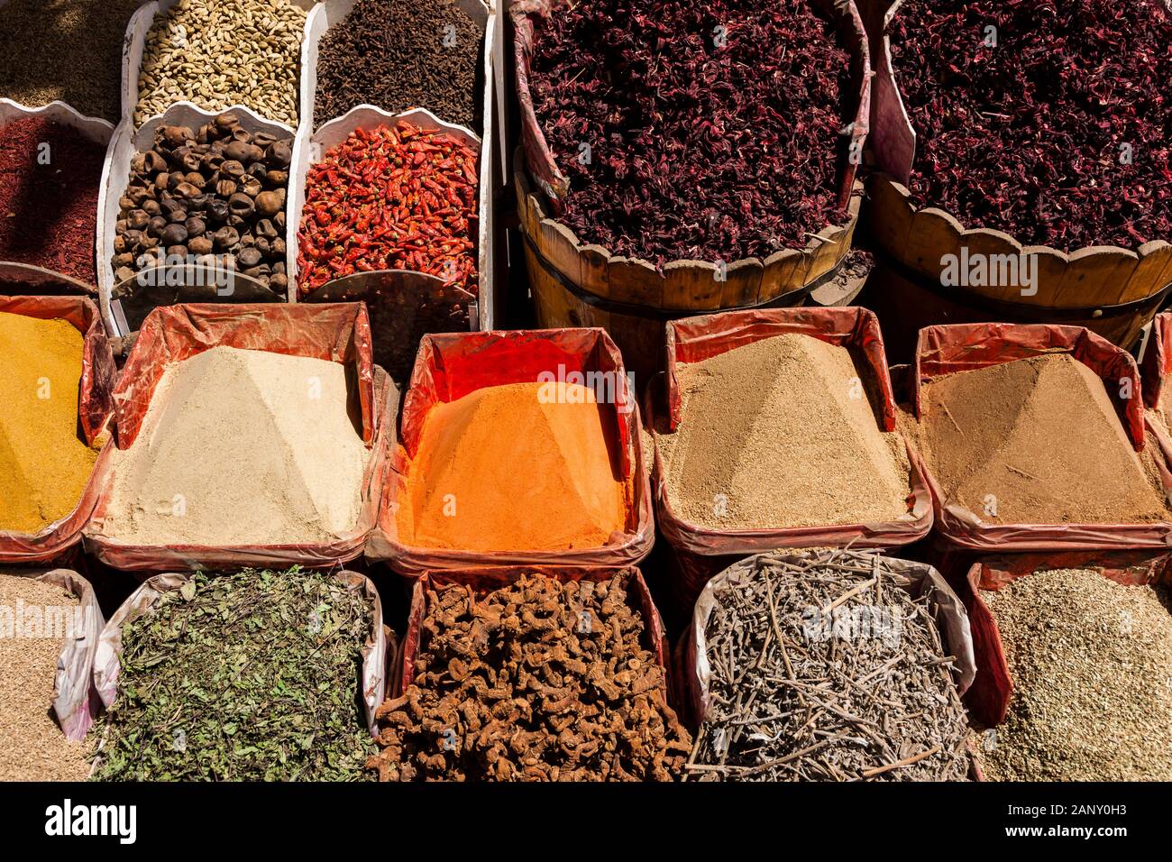 Spice and dry foods shop, Main street of  suq, also bazaar, city market, city center, Aswan, Egypt, North Africa, Africa Stock Photo