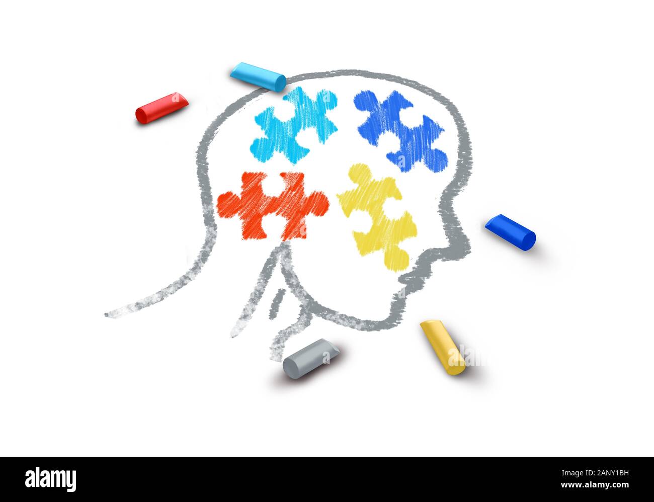Autism awareness symptoms concept and autistic development disorder as a symbol of a communication and social behavior psychology as a puzzle chalk. Stock Photo