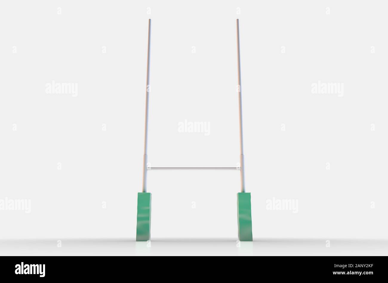 White rugby posts with green padding on an isolated white studio