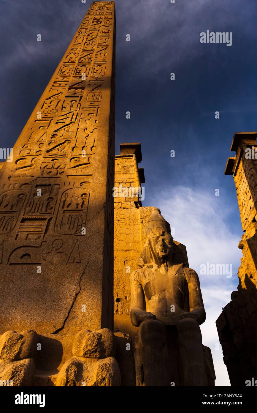 Morning glow of Luxor Temple, entrance of temple, also tower gate,  First Pylon, Luxor, Egypt, North Africa, Africa Stock Photo