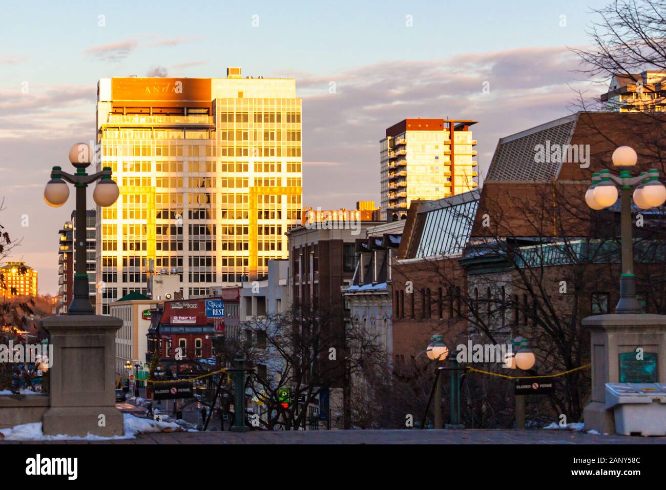 A high view down York Street shows the ByWard Market with the large Andaz Hotel, a luxury hotel brand operated by Hyatt, looking over the area. Stock Photo