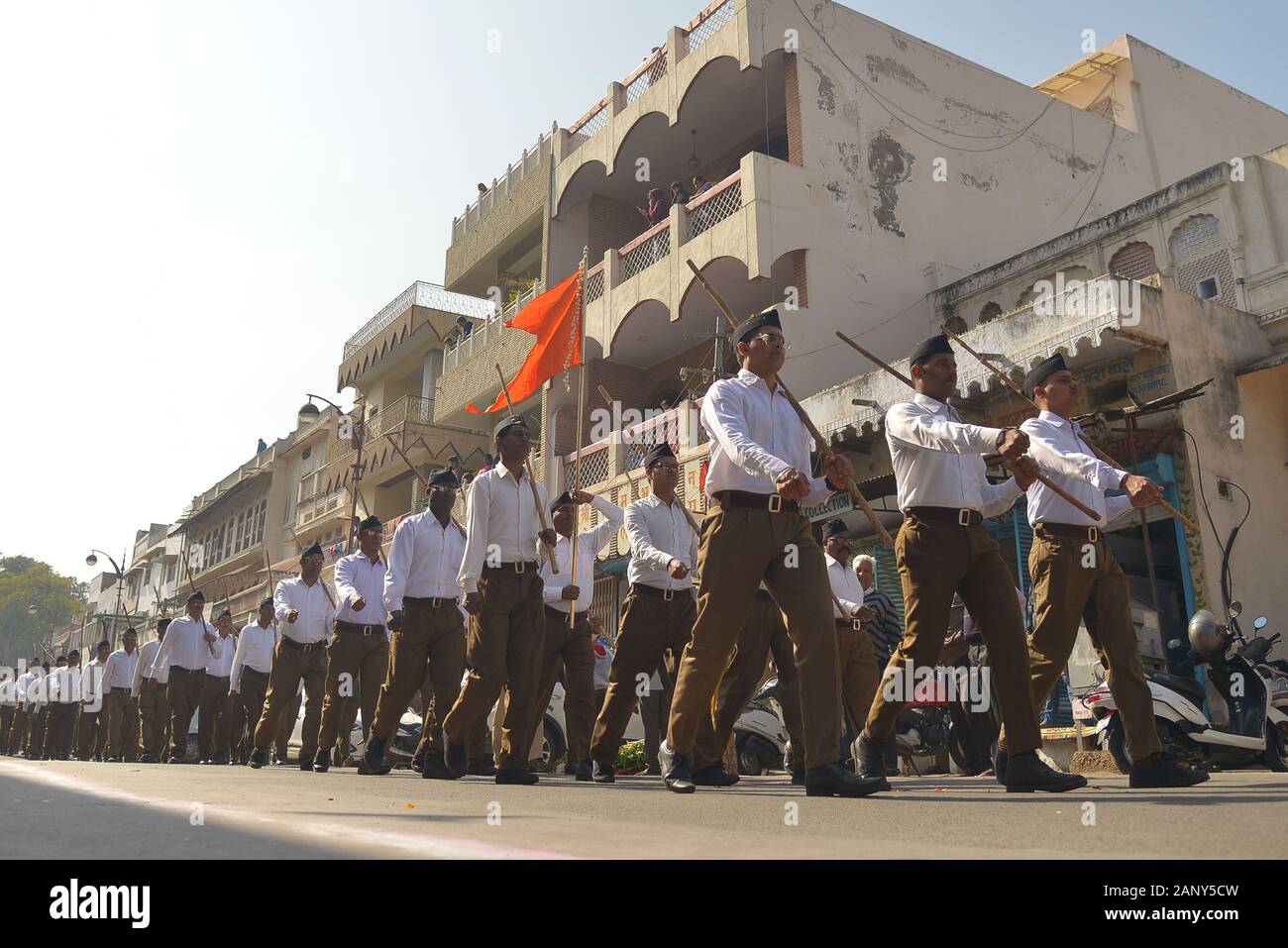 Thousands of RSS Swayamsevaks (volunteers) participated in Path-Sanchalan (route march) taken out by Rashtriya Swayamsevak Sangh (RSS). It is an Indian right-wing, Hindu nationalist, paramilitary volunteer organisation.The initial impetus was to provide character training through Hindu discipline and to unite the Hindu community to form a Hindu Rashtra (Hindu nation). The organisation promotes the ideals of upholding Indian culture and the values of a civil society and spreads the ideology of Hindutva. (Photo by Shaukat Ahmed/Pacific Press) Stock Photo