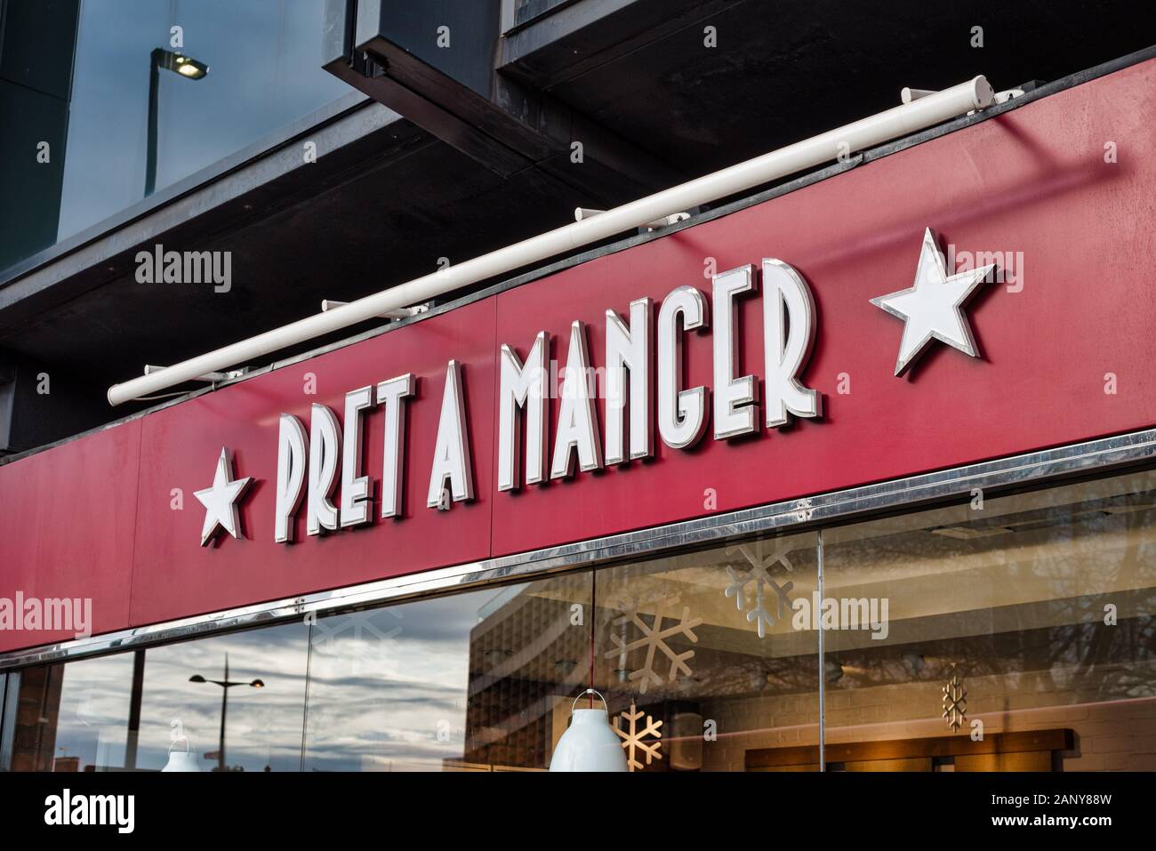 London, UK - Jan 16, 2020:  Sign for Pret A Manger coffee shop in London Stock Photo