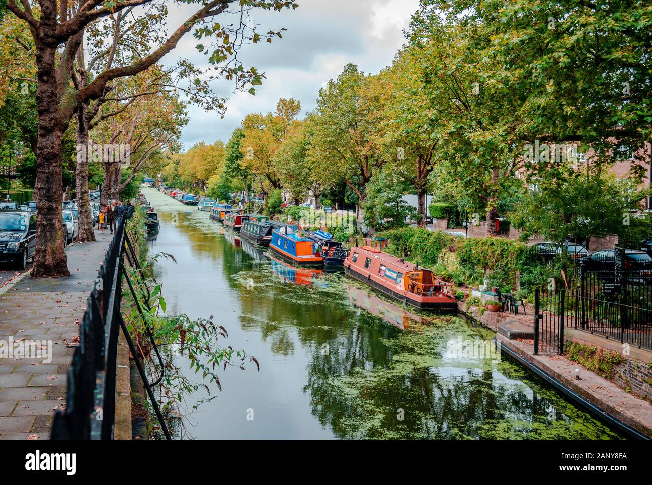 The Grand Union Canal at Little Venice, Maida Vale, Paddington, London, with narrow boats. Stock Photo