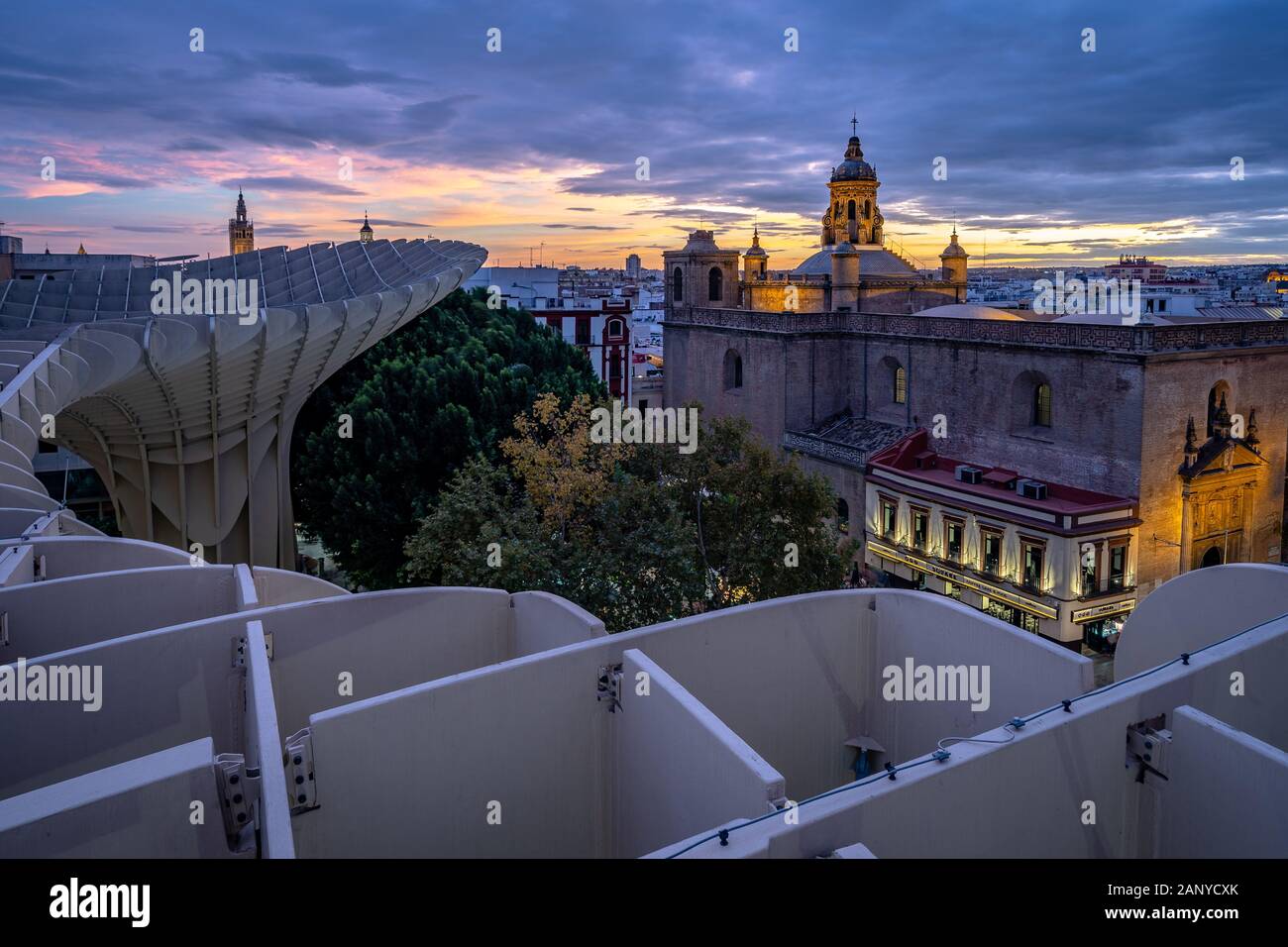 Seville, Spain - The Church of the Annunciation as seen from Sevilla Mushrooms Stock Photo
