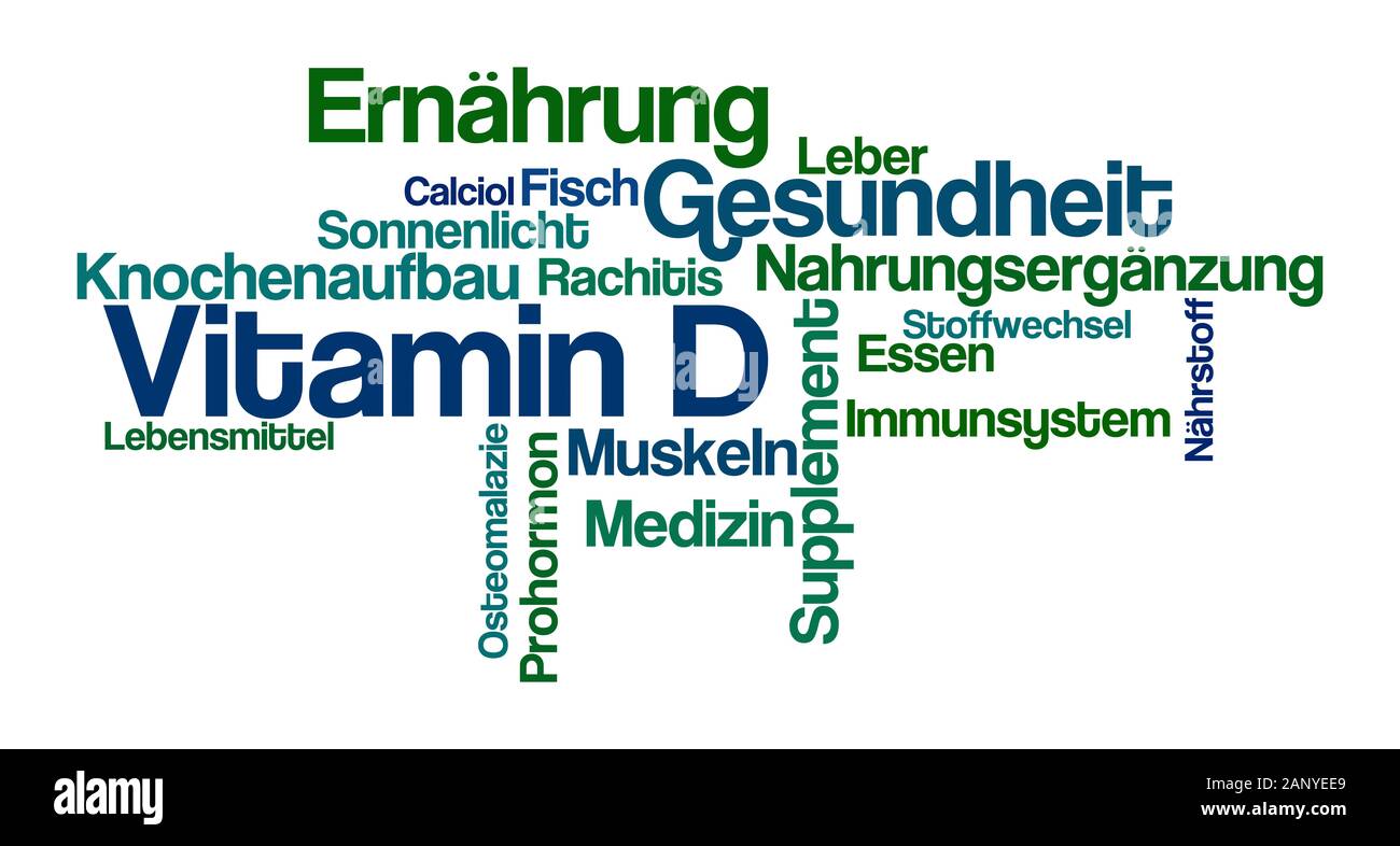 Word Cloud on a white background - Vitamin D (German) Stock Photo