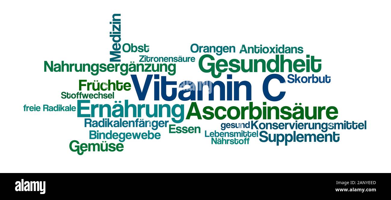 Word Cloud on a white background - Vitamin C (German) Stock Photo