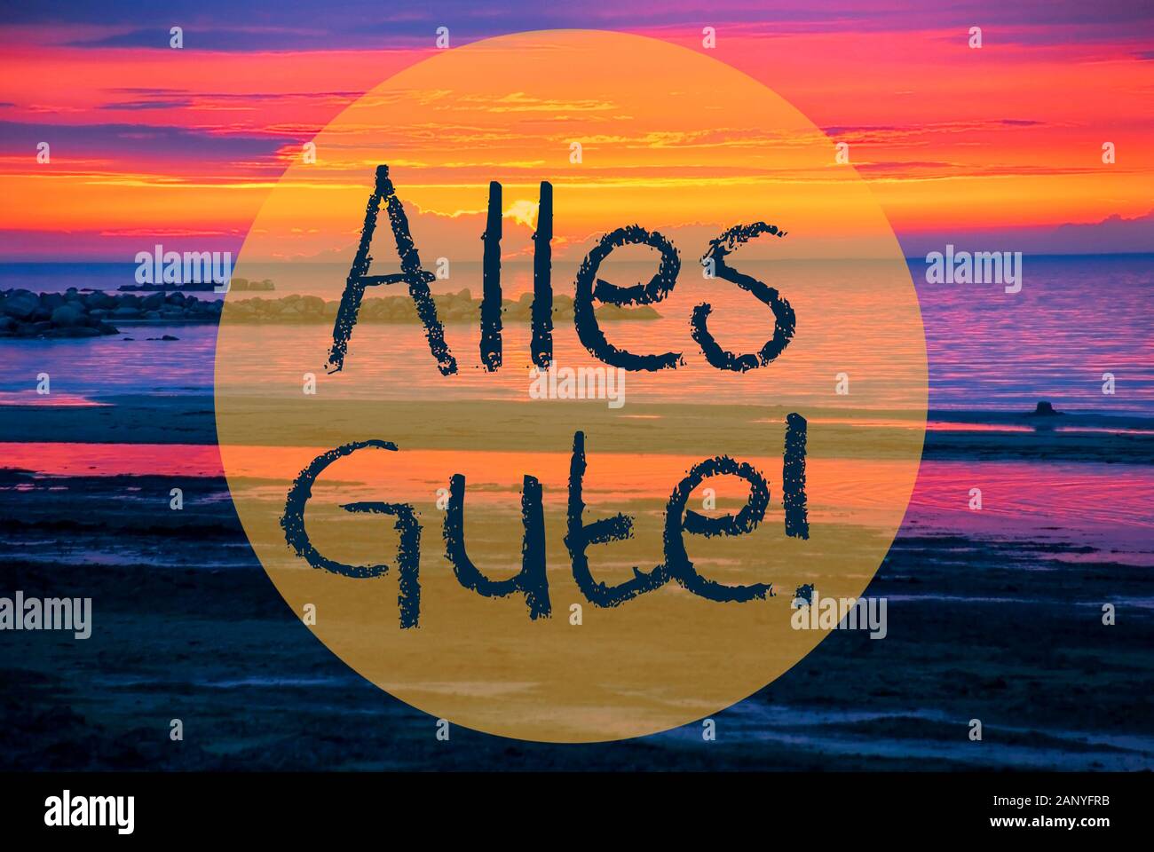 German Text Alles Gute Means Best Wishes Romantic Sunset Or Sunrise At Sea Or Ocean In Sweden Scandinavia In The Background Stock Photo Alamy