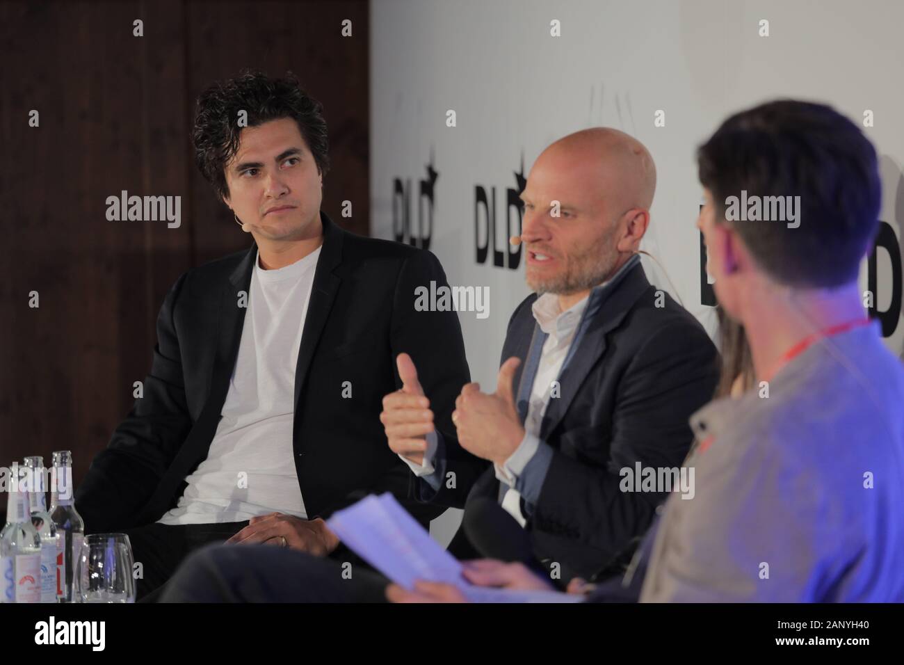 Munich, Bavaria. 19th Jan, 2020. (l-r) Chase Lochmiller (Co-founder & CEO Crusoe Energy Systems), John Pfeffer (Founder Pfeffer Capital LP) and Alexander Liegl (Co-Founder and CEO Layer1) discuss during a panel at DLD Munich Conference 2020, Europe's big innovation conference, Alte Kongresshalle, Munich, January 18-20, 2020 Picture Alliance for DLD/Hubert Burda Media | usage worldwide Credit: dpa/Alamy Live News Stock Photo