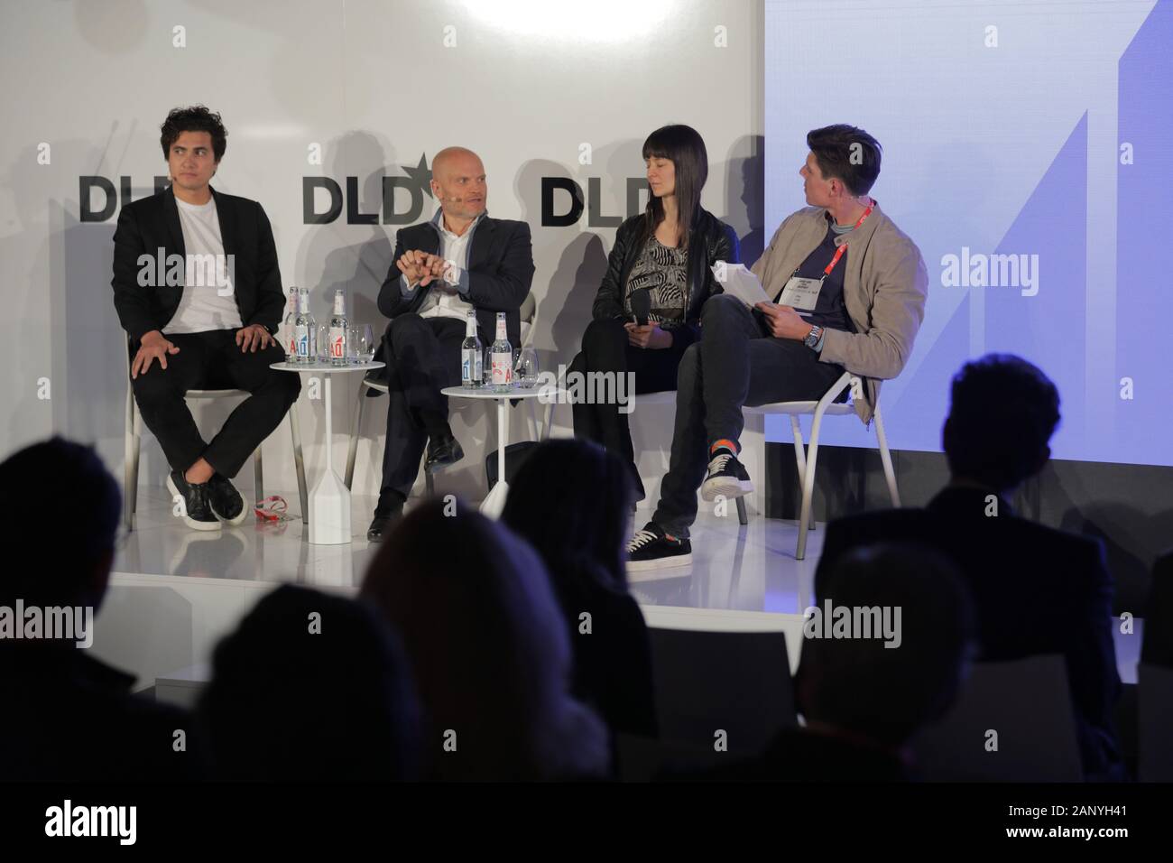 Munich, Bavaria. 19th Jan, 2020. (l-r) Chase Lochmiller (Co-founder & CEO Crusoe Energy Systems), John Pfeffer (Founder Pfeffer Capital LP), Elizabeth Stark (CEO and Co-Founder of Lightning Labs) and Alexander Liegl (Co-Founder and CEO Layer1) discuss during a panel at DLD Munich Conference 2020, Europe's big innovation conference, Alte Kongresshalle, Munich, January 18-20, 2020 Picture Alliance for DLD/Hubert Burda Media | usage worldwide Credit: dpa/Alamy Live News Stock Photo