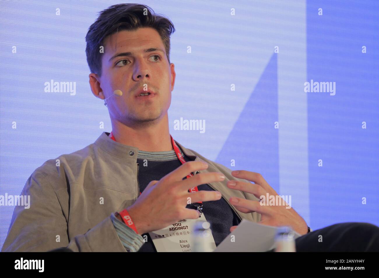 Munich, Bavaria. 19th Jan, 2020. Alexander Liegl (Co-Founder and CEO Layer1) speaks during a panel at DLD Munich Conference 2020, Europe's big innovation conference, Alte Kongresshalle, Munich, January 18-20, 2020 Picture Alliance for DLD/Hubert Burda Media | usage worldwide Credit: dpa/Alamy Live News Stock Photo