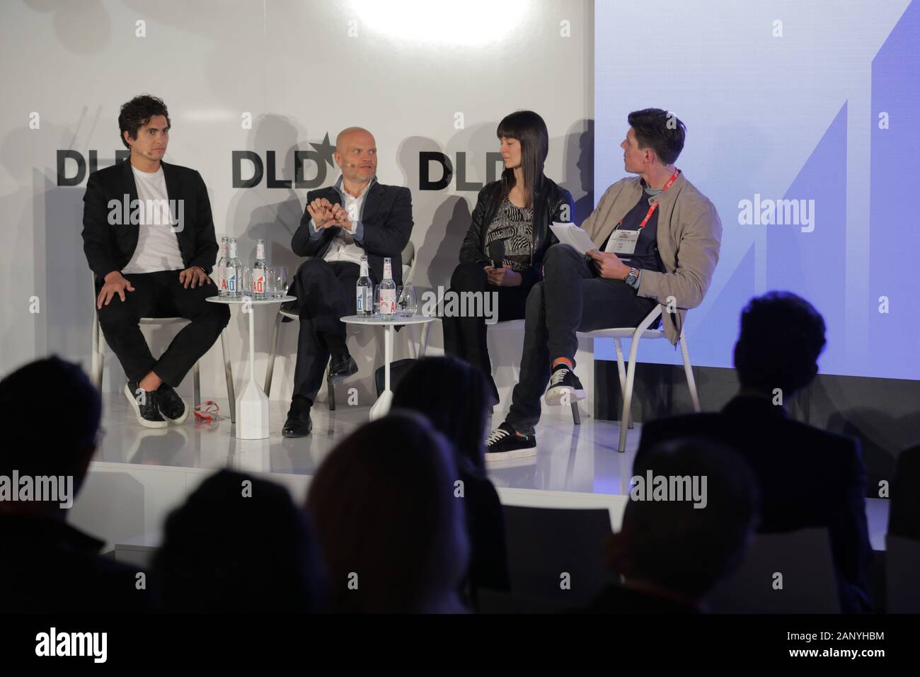 Munich, Bavaria. 19th Jan, 2020. (l-r) Chase Lochmiller (Co-founder & CEO Crusoe Energy Systems), John Pfeffer (Founder Pfeffer Capital LP), Elizabeth Stark (CEO and Co-Founder of Lightning Labs) and Alexander Liegl (Co-Founder and CEO Layer1) discuss during a panel at DLD Munich Conference 2020, Europe's big innovation conference, Alte Kongresshalle, Munich, January 18-20, 2020 Picture Alliance for DLD/Hubert Burda Media | usage worldwide Credit: dpa/Alamy Live News Stock Photo