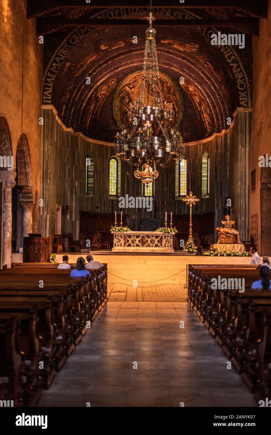 Trieste, Italy - September 2019: Interior architecture of the roman catholic cathedral 'Basilica cattedrale di san giusto martire'. It's dedicated to Stock Photo