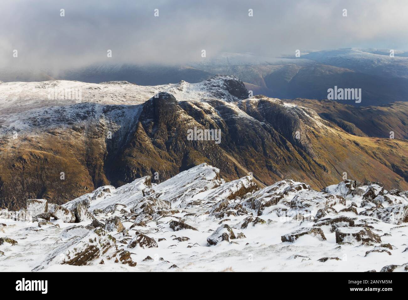 The Langdale Pikes from Bowfell in Winter, Lake District, Cumbria, UK Stock Photo