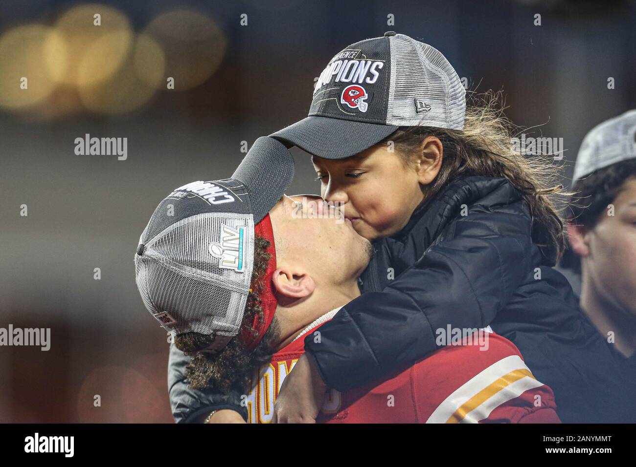 Kansas City Chiefs quarterback Patrick Mahomes (15) holds his sister Mia  Mahomes after the AFC Championship against the Tennessee Titans, Sunday,  Jan 19, 2020, in Kansas City, Mo. The Chiefs beat the