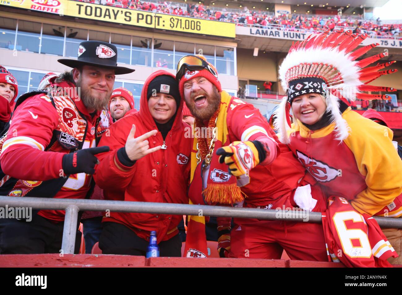 Kansas City Chiefs fans cheer during the AFC Championship against the  Tennessee Titans, Sunday, Jan 19, 2020, in Kansas City, Mo. The Chiefs beat  the Titans 35-24. (Photo by IOS/ESPA-Images Stock Photo 