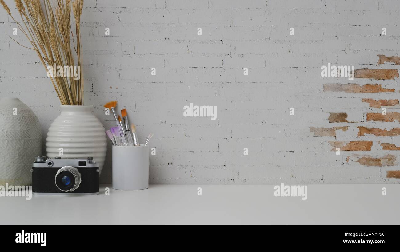 Cropped Shot Of Artist Workspace With Copy Space Camera Painting
