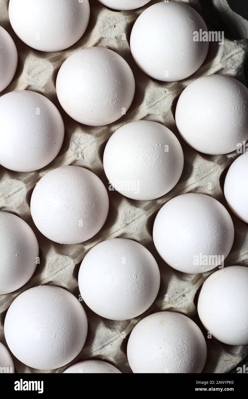 An isolated tray of eggs from recycled materials with white eggs on a white background. Top view Stock Photo